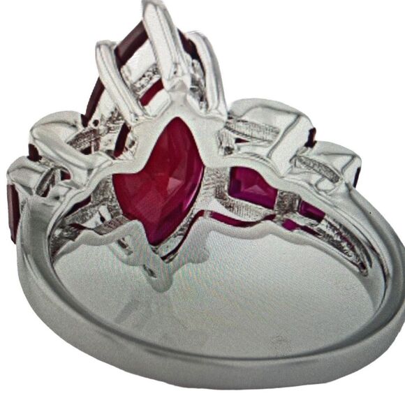 Marquuise & Baguette Red Lab Created Ruby Rhodium Over Sterling Silver Ring 2.87 - Picture 2 of 7
